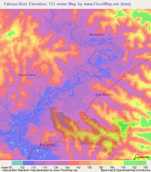 Yaboue-Boni,Ivory Coast Elevation Map