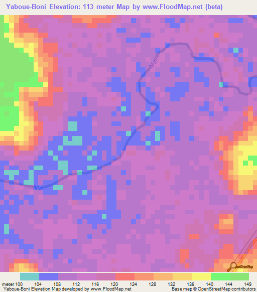 Yaboue-Boni,Ivory Coast Elevation Map