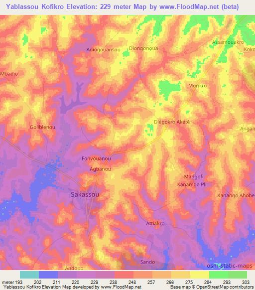 Yablassou Kofikro,Ivory Coast Elevation Map