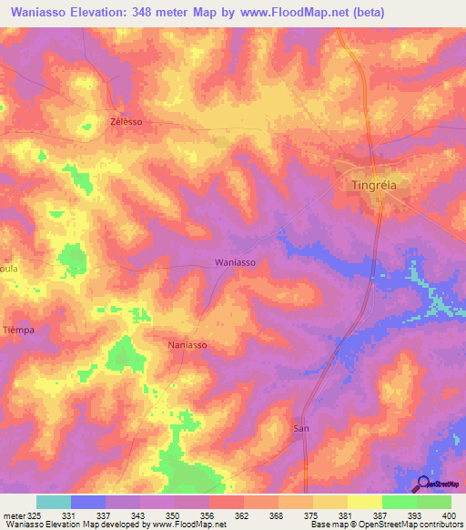 Waniasso,Ivory Coast Elevation Map