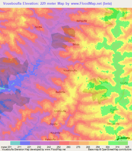 Voueboufla,Ivory Coast Elevation Map