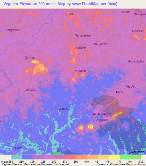 Veguien,Ivory Coast Elevation Map