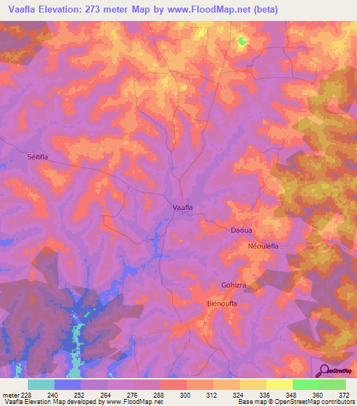 Vaafla,Ivory Coast Elevation Map