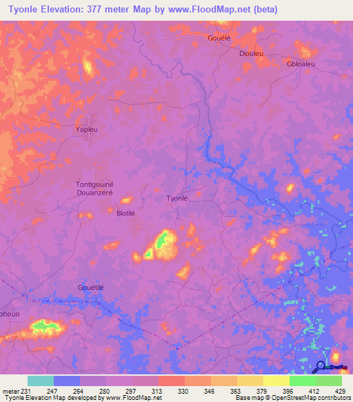Tyonle,Ivory Coast Elevation Map