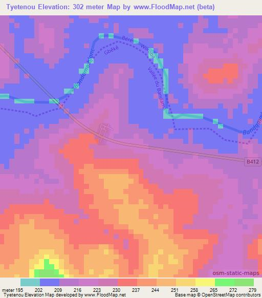Tyetenou,Ivory Coast Elevation Map