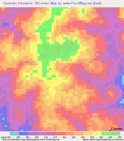 Tyemoko,Ivory Coast Elevation Map