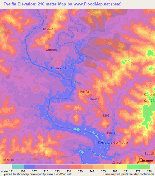 Tyeifla,Ivory Coast Elevation Map