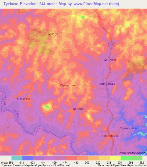 Tyebaso,Ivory Coast Elevation Map