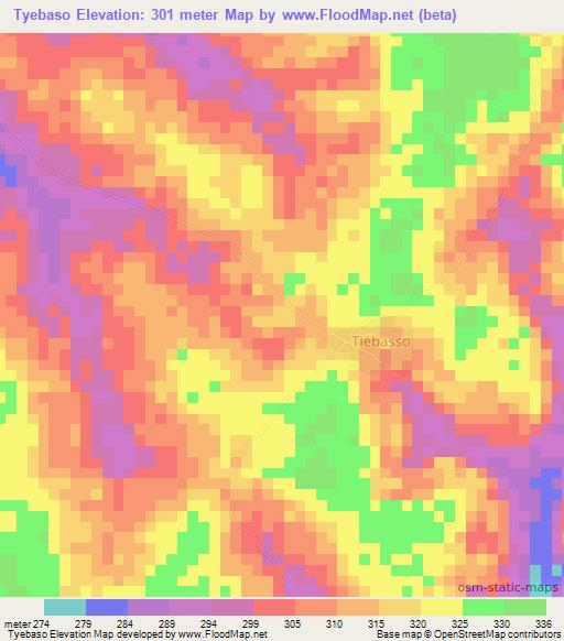 Tyebaso,Ivory Coast Elevation Map