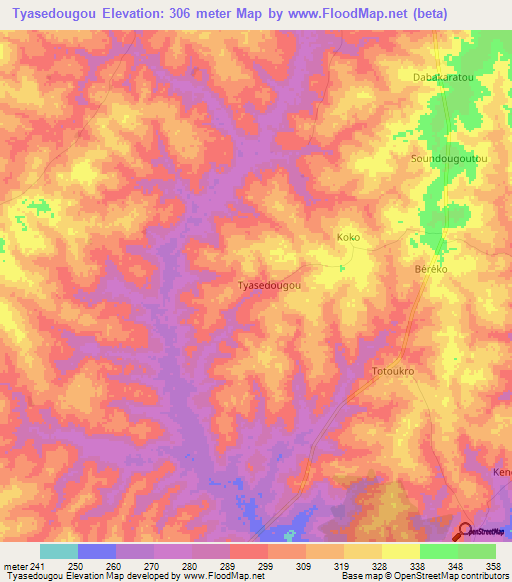 Tyasedougou,Ivory Coast Elevation Map