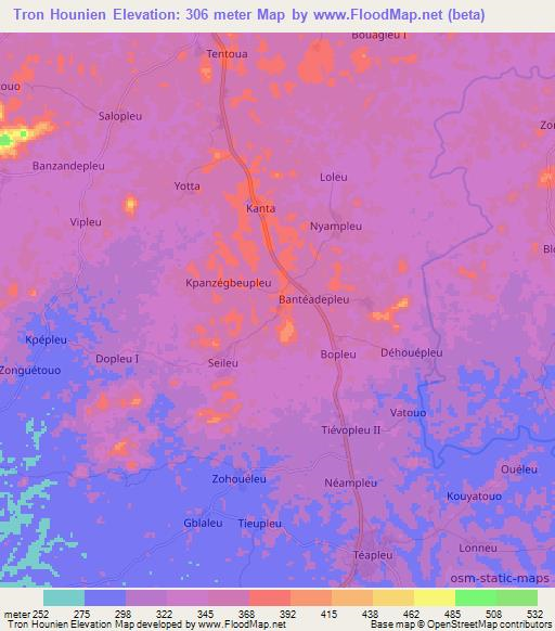 Tron Hounien,Ivory Coast Elevation Map