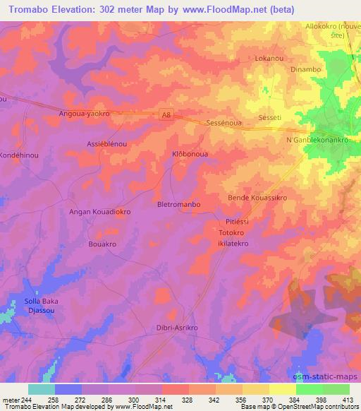 Tromabo,Ivory Coast Elevation Map