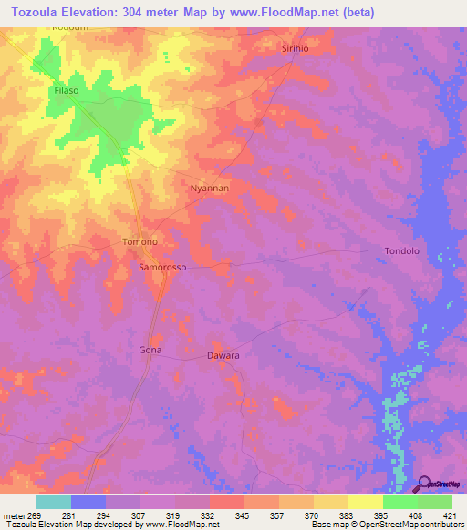 Tozoula,Ivory Coast Elevation Map