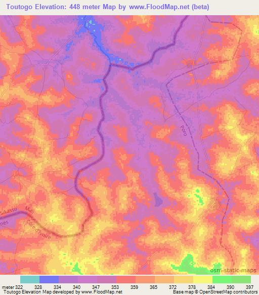 Toutogo,Ivory Coast Elevation Map
