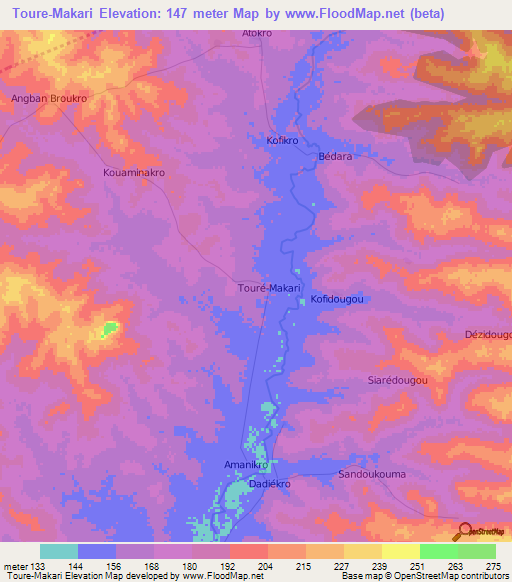 Toure-Makari,Ivory Coast Elevation Map