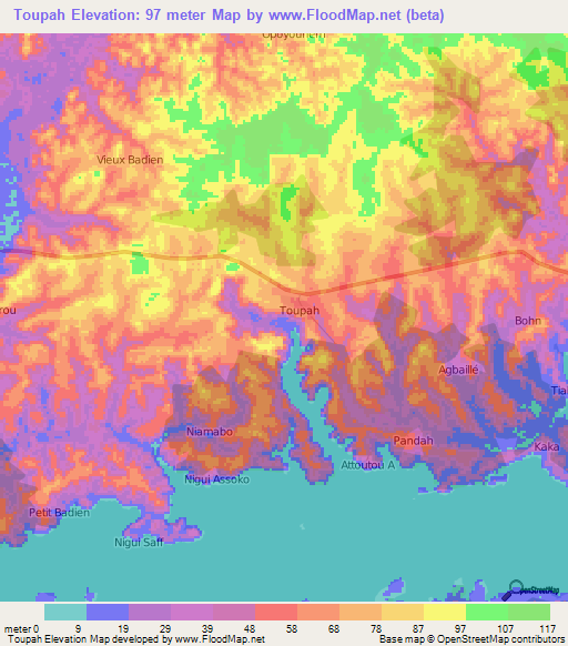 Toupah,Ivory Coast Elevation Map