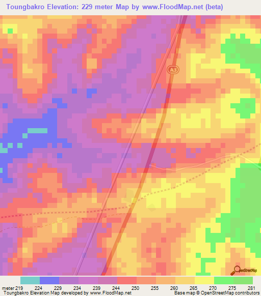 Toungbakro,Ivory Coast Elevation Map