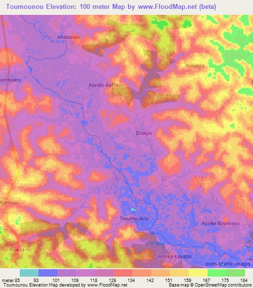 Toumounou,Ivory Coast Elevation Map