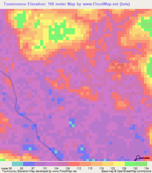 Toumounou,Ivory Coast Elevation Map