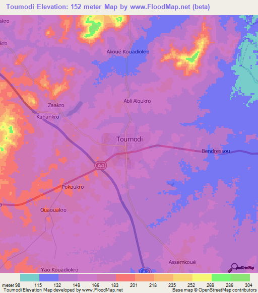 Toumodi,Ivory Coast Elevation Map