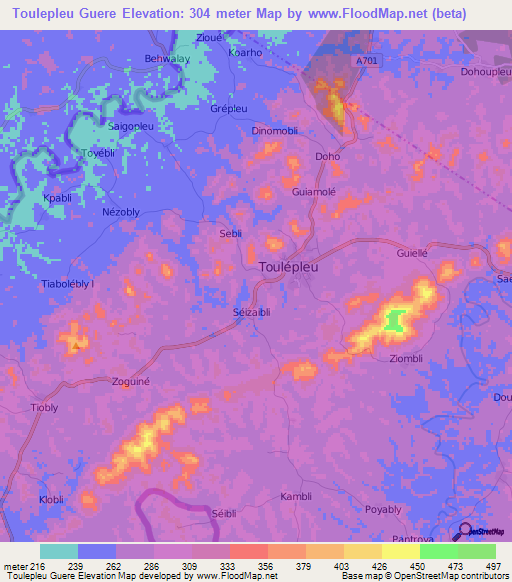 Toulepleu Guere,Ivory Coast Elevation Map