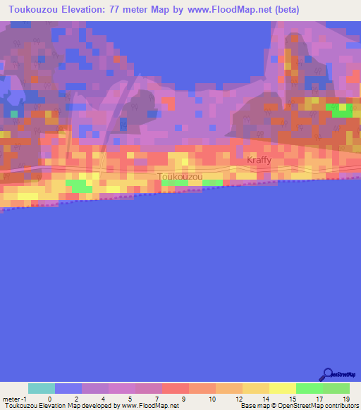 Toukouzou,Ivory Coast Elevation Map