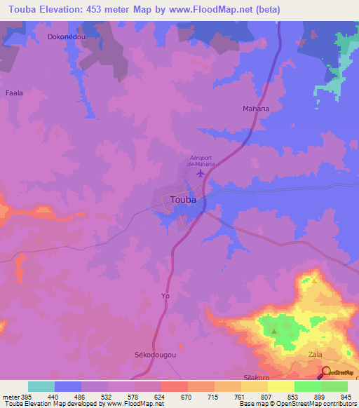 Touba,Ivory Coast Elevation Map