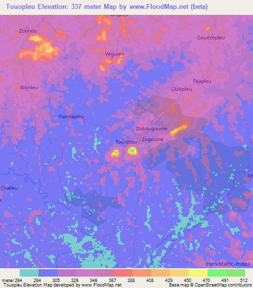 Touopleu,Ivory Coast Elevation Map