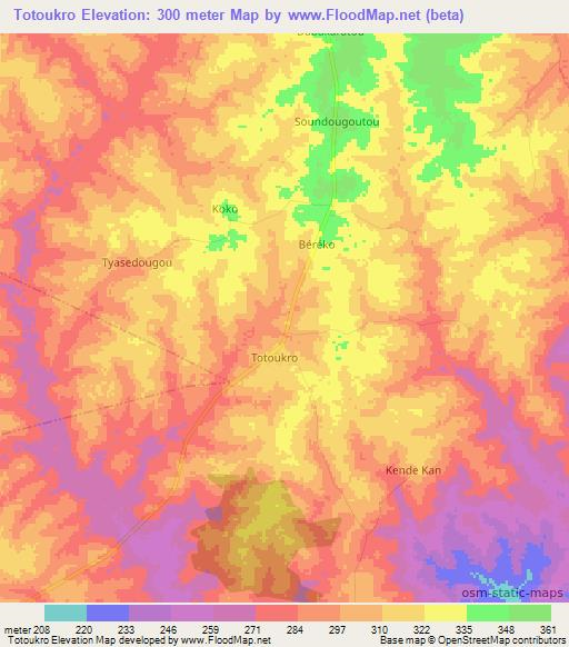 Totoukro,Ivory Coast Elevation Map