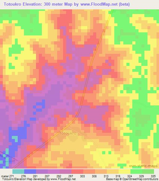 Totoukro,Ivory Coast Elevation Map
