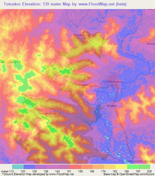 Totoukro,Ivory Coast Elevation Map