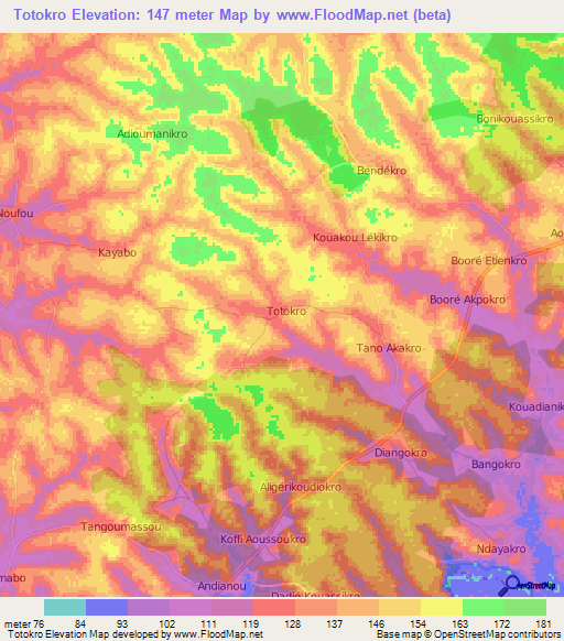 Totokro,Ivory Coast Elevation Map