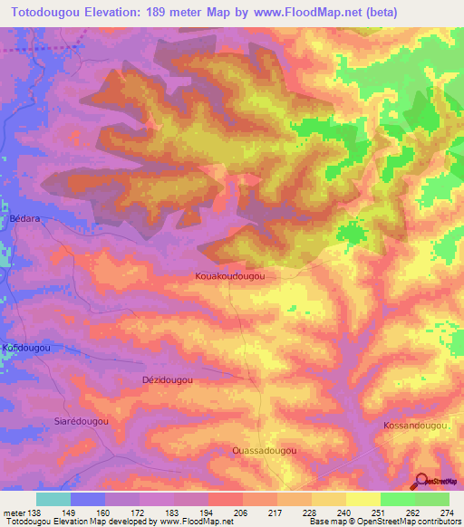 Totodougou,Ivory Coast Elevation Map