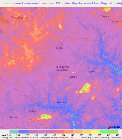 Tontigouine Douanzere,Ivory Coast Elevation Map