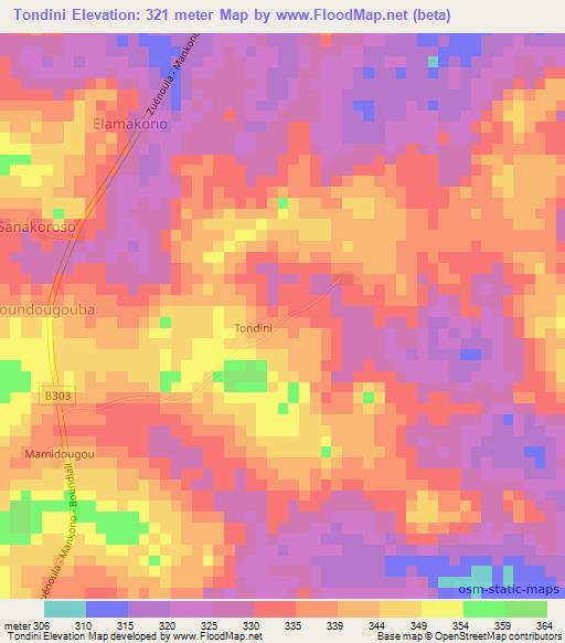 Tondini,Ivory Coast Elevation Map