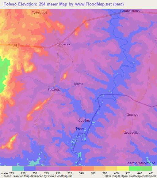 Tofeso,Ivory Coast Elevation Map