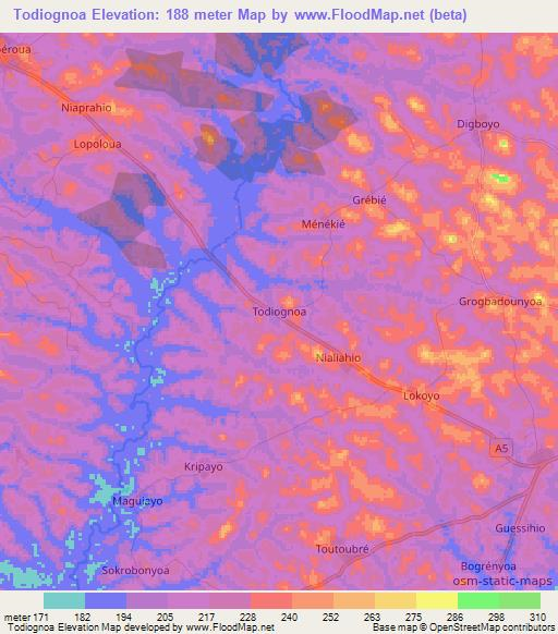Todiognoa,Ivory Coast Elevation Map