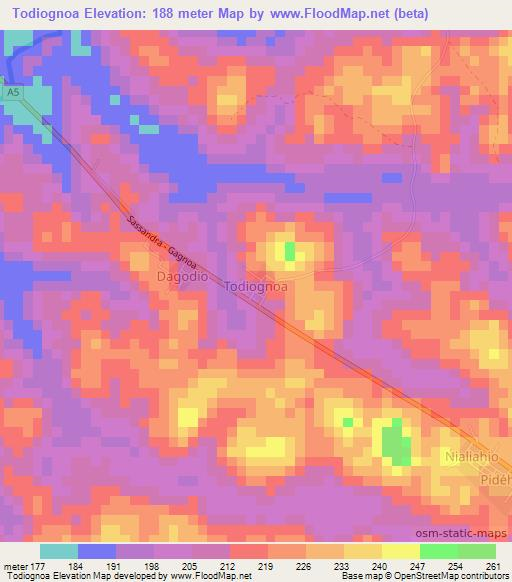 Todiognoa,Ivory Coast Elevation Map