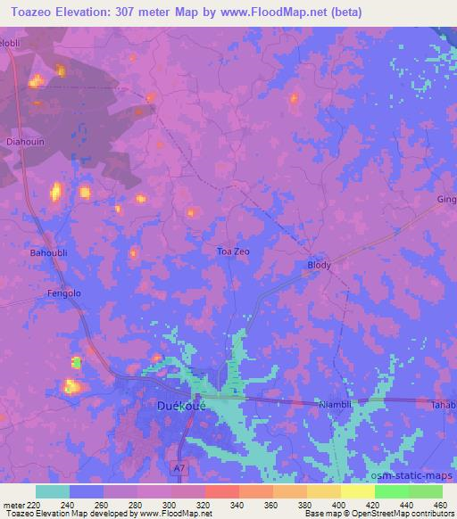 Toazeo,Ivory Coast Elevation Map