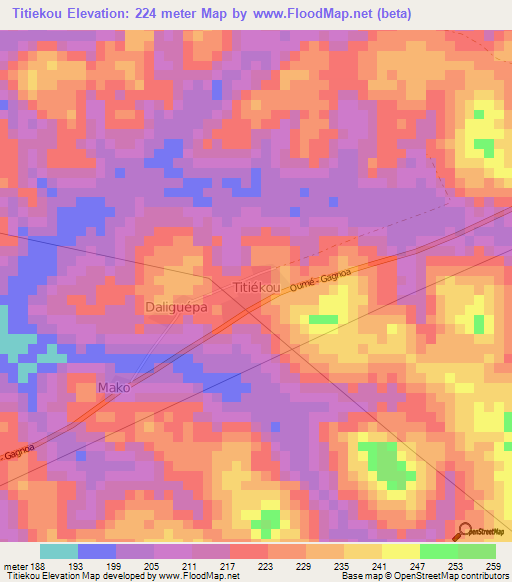 Titiekou,Ivory Coast Elevation Map