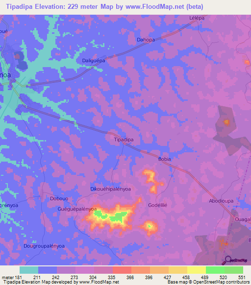 Tipadipa,Ivory Coast Elevation Map