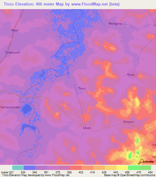Tioro,Ivory Coast Elevation Map