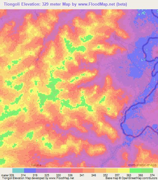 Tiongoli,Ivory Coast Elevation Map