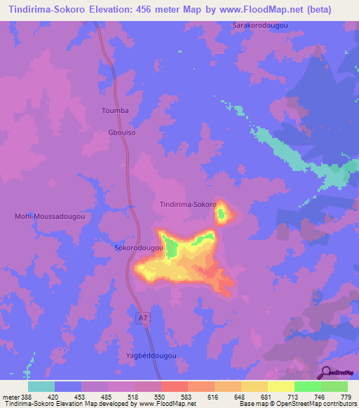 Tindirima-Sokoro,Ivory Coast Elevation Map