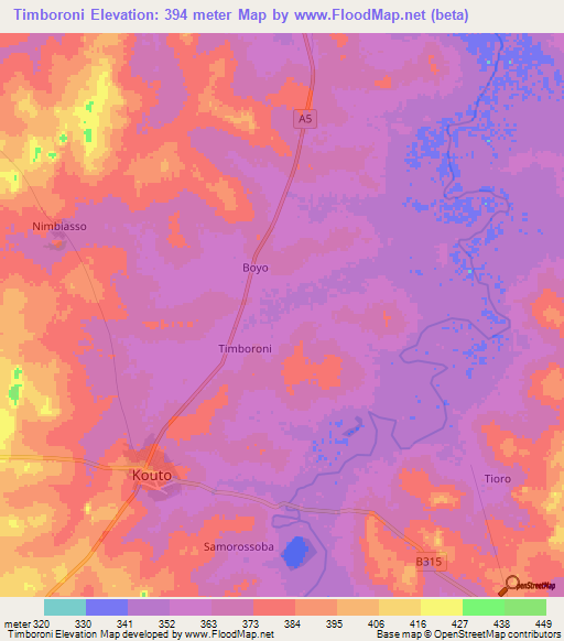 Timboroni,Ivory Coast Elevation Map