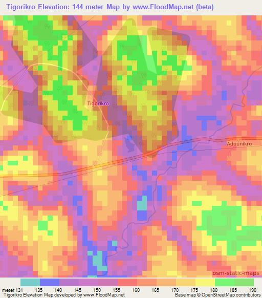 Tigorikro,Ivory Coast Elevation Map