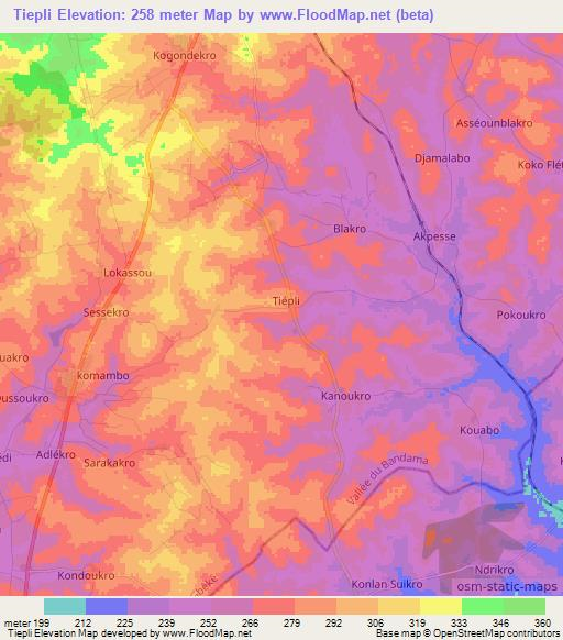 Tiepli,Ivory Coast Elevation Map
