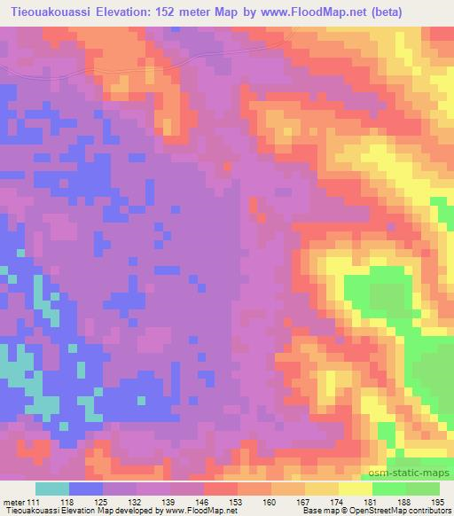 Tieouakouassi,Ivory Coast Elevation Map