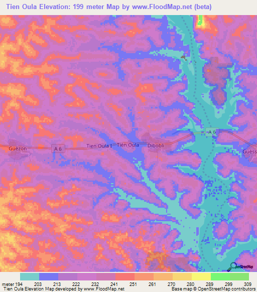 Tien Oula,Ivory Coast Elevation Map