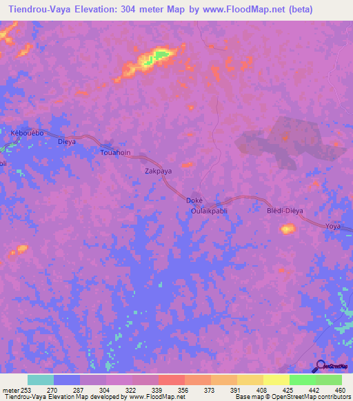 Tiendrou-Vaya,Ivory Coast Elevation Map